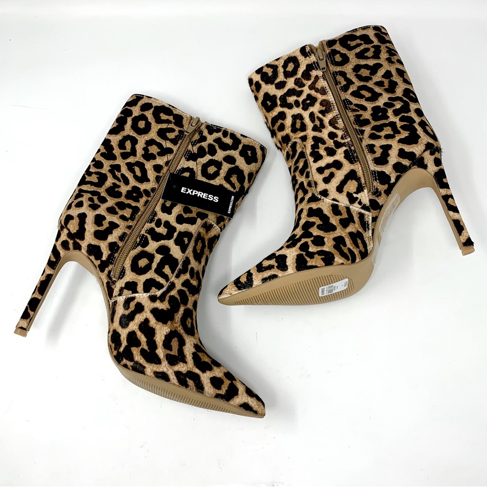 NWT $108 Express Genuine Calf Hair Leopard Side Zip Pointed Toe Ankle Boots 7 - Picture 4 of 10